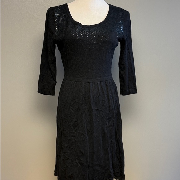 Old Navy Sequin Dress Petite Small Black 3/4 Sleeve Fit & Flare - Picture 3 of 6